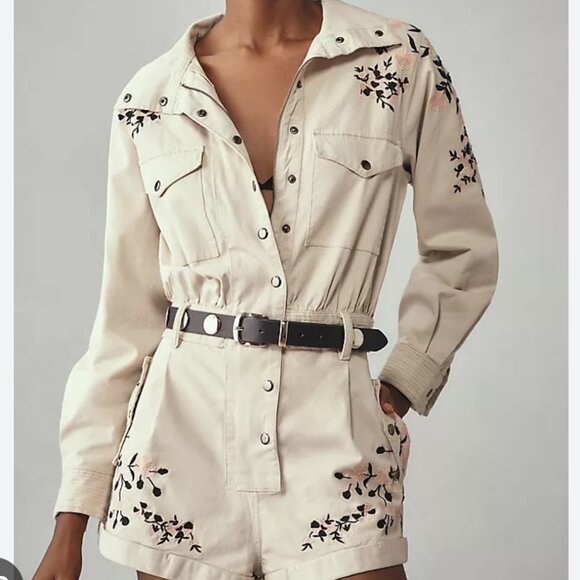 ANTHROPOLOGIE Long Sleeve Embroidered Utility Neutral Playsuit Romper size L NWT - Picture 2 of 3
